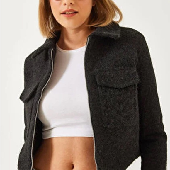Ci Sono Jackets & Blazers - CI SONO Charcoal Cropped Bouclé Bomber Jacket XL